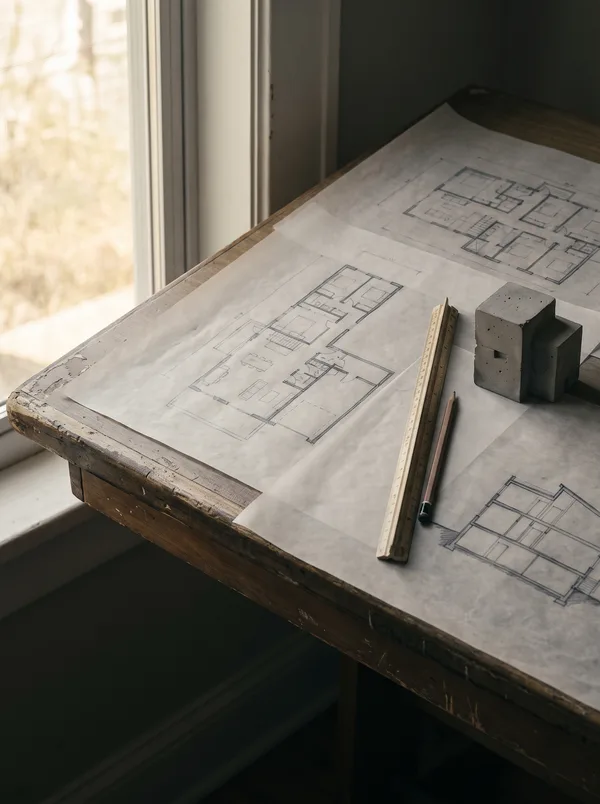 Restirador junto a una ventana con un plano arquitectónico, lápiz, escalímetro y una maqueta de madera