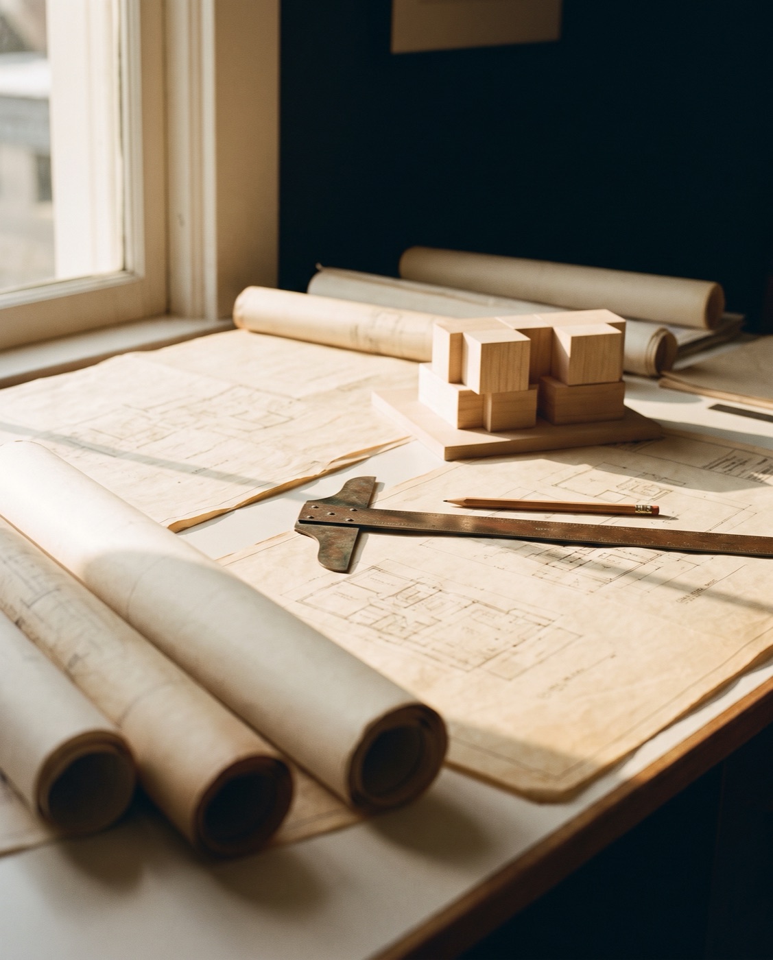 Mesa de trabajo de arquitecto con planos extendidos, escuadra y una maqueta de madera bajo luz cálida de ventana