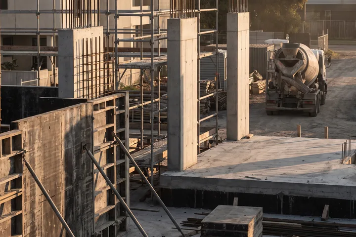 Obra en proceso con columnas de concreto, cimbra de madera y acero de refuerzo