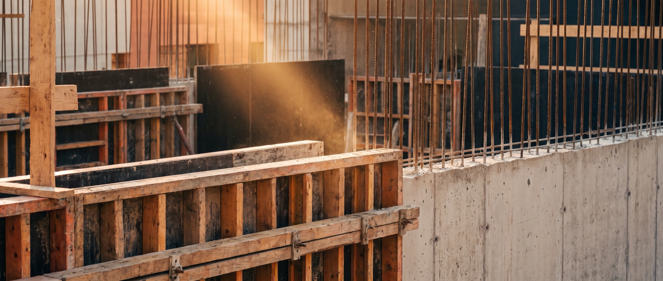 Detalle de obra: cimbra de madera, varillas de acero y concreto aparente en luz dorada de atardecer