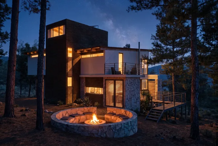Cabaña de Olin entre pinos de noche, con un fogatero de piedra encendido al frente