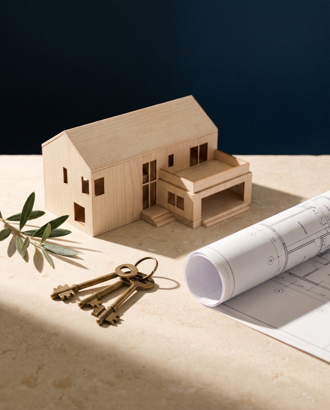 Maqueta de madera de una casa, llaves de latón, plano arquitectónico y una rama de olivo sobre piedra — alusión al patrimonio y al legado