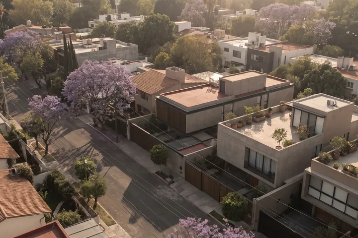 Vista aérea de una colonia residencial de Guadalajara con jacarandas en flor